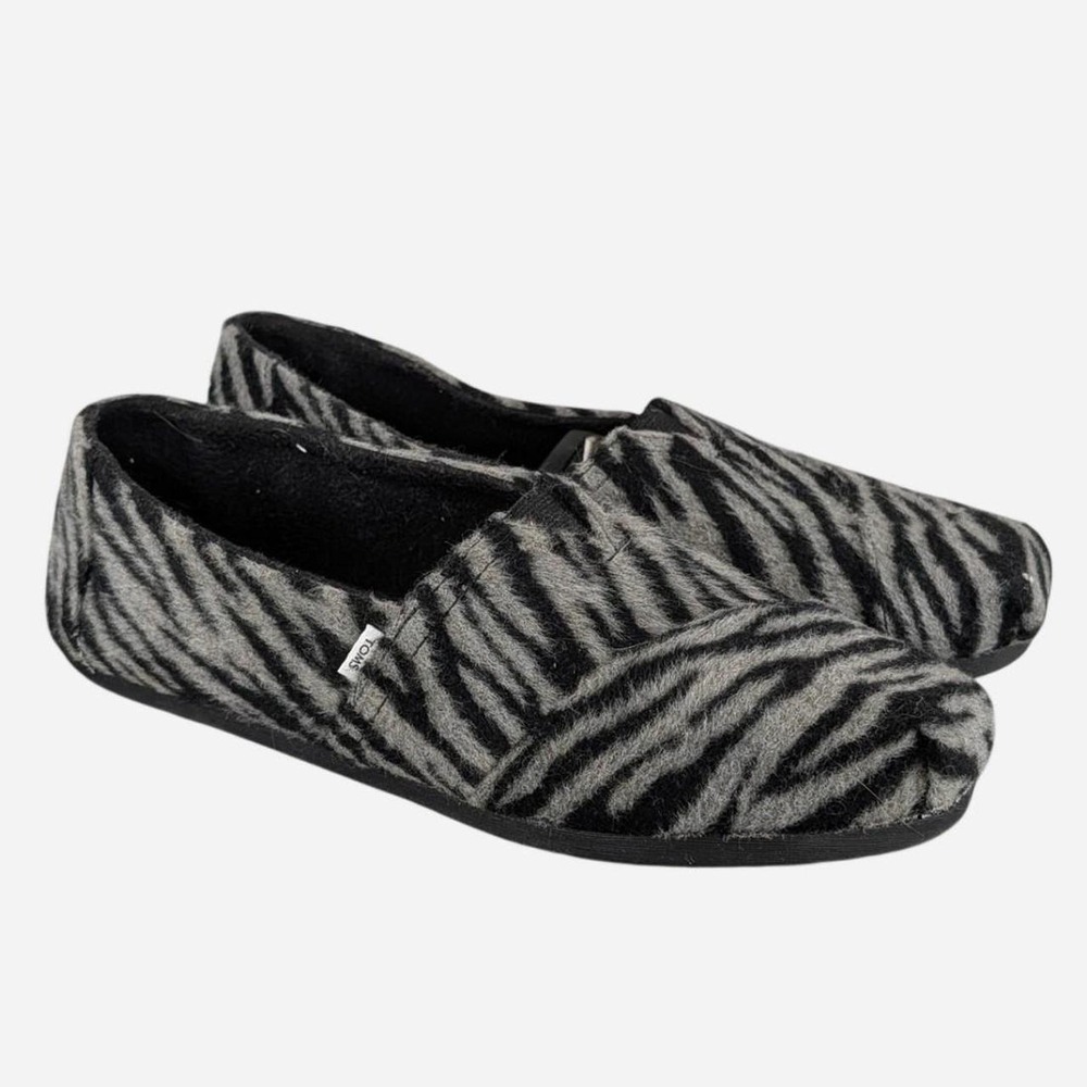 TOMS Alpargata Fuzzy Zebra Print Slip On Flats Black Grey 10